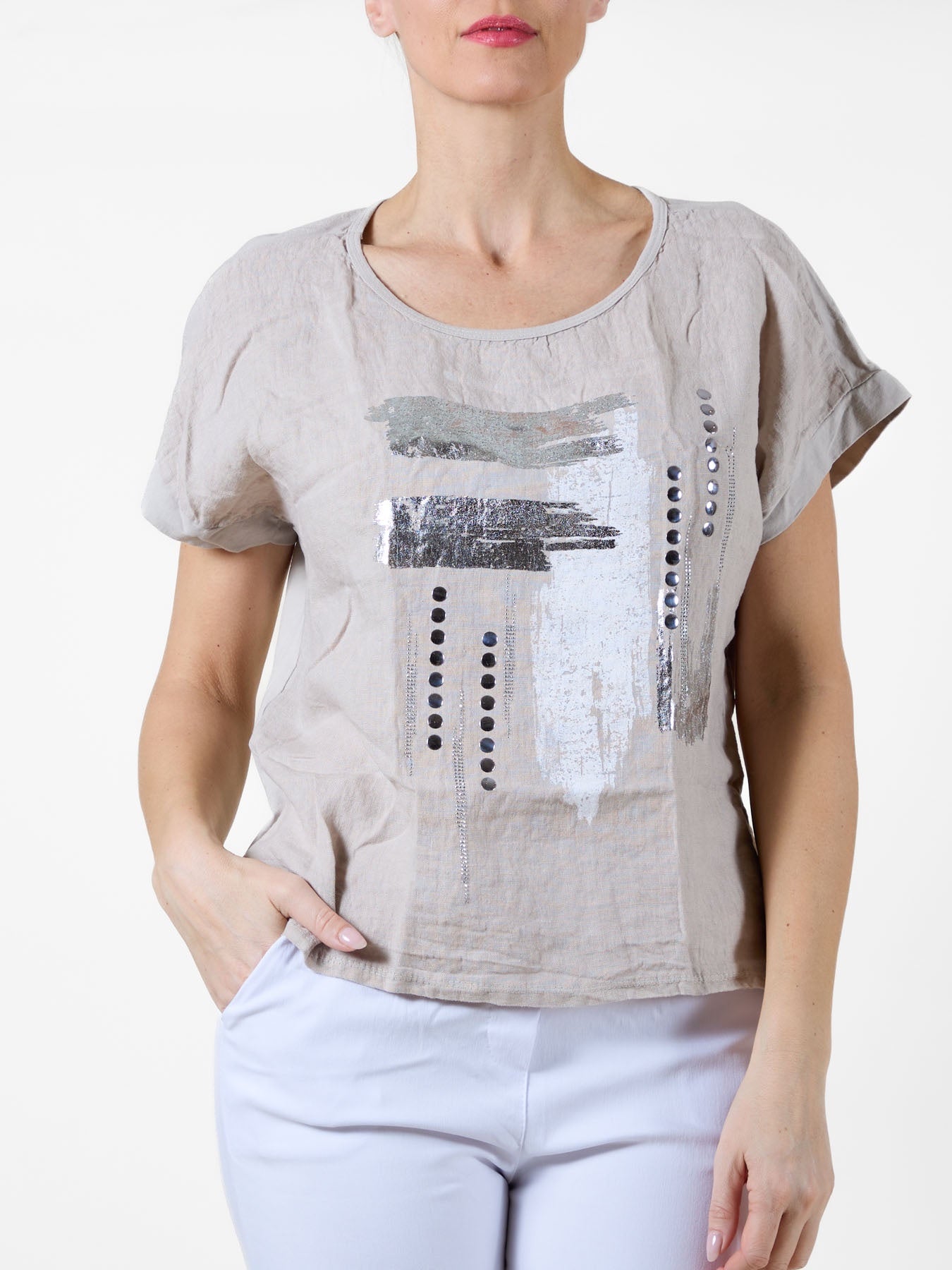 Beige T-Shirt with Metallic Silver Brushstroke & Dot Design