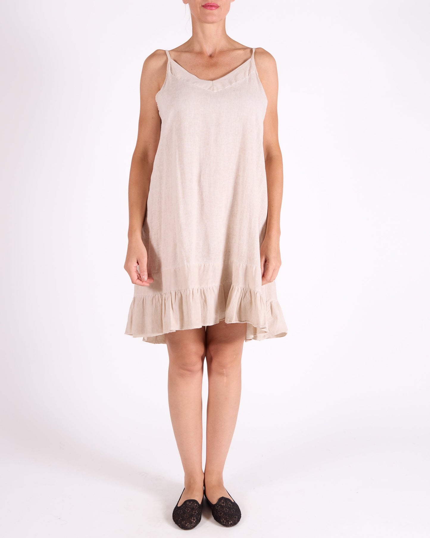 Sand Spaghetti Strap Ruffle Hem Band Neckline Dress
