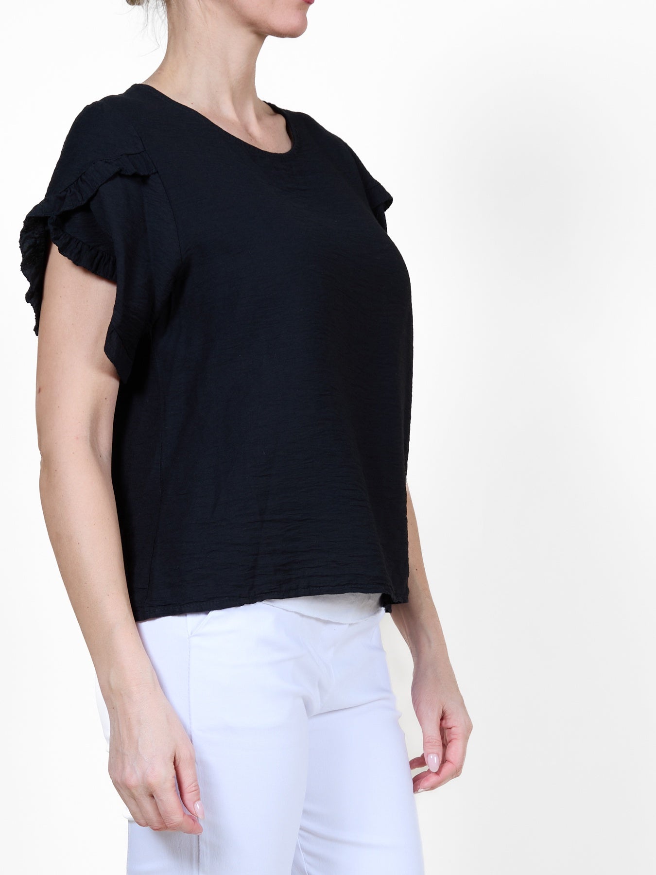 Black Short Sleeve Top with Ruffled Sleeves