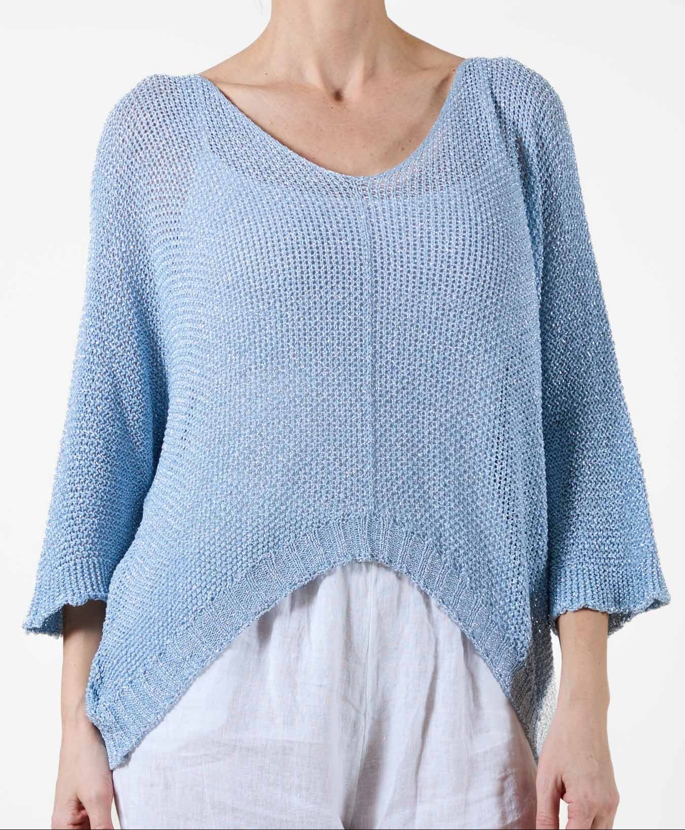 Pull bleu en lurex à manches 3/4