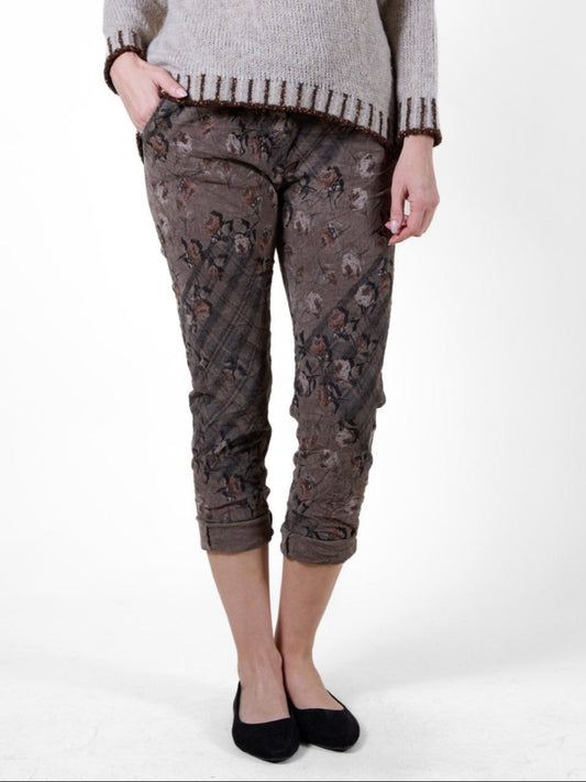 Pantalon côtelé court à carreaux floraux taupe avec cordon de serrage