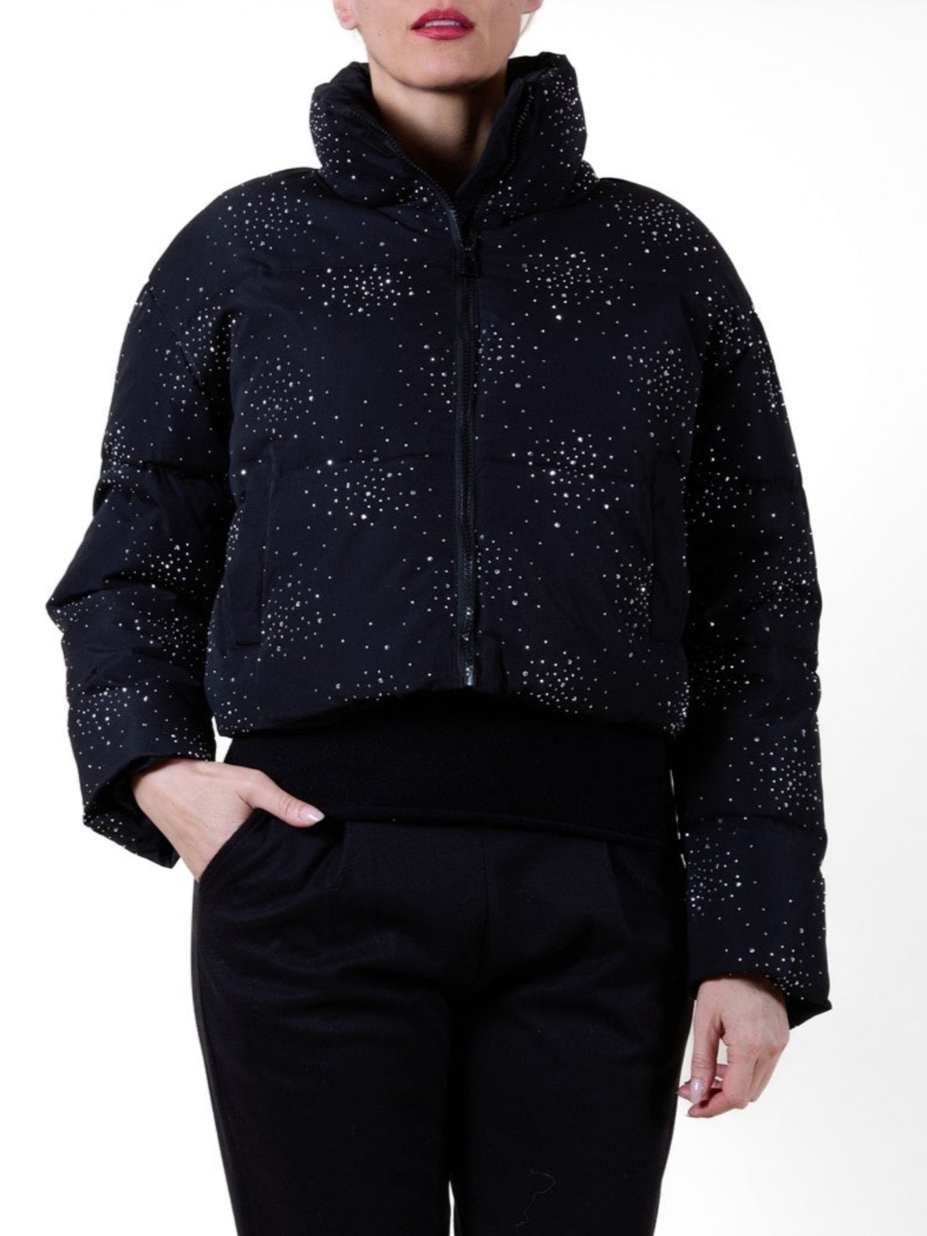 Black Zip Front Puff Rhinestone Jacket
