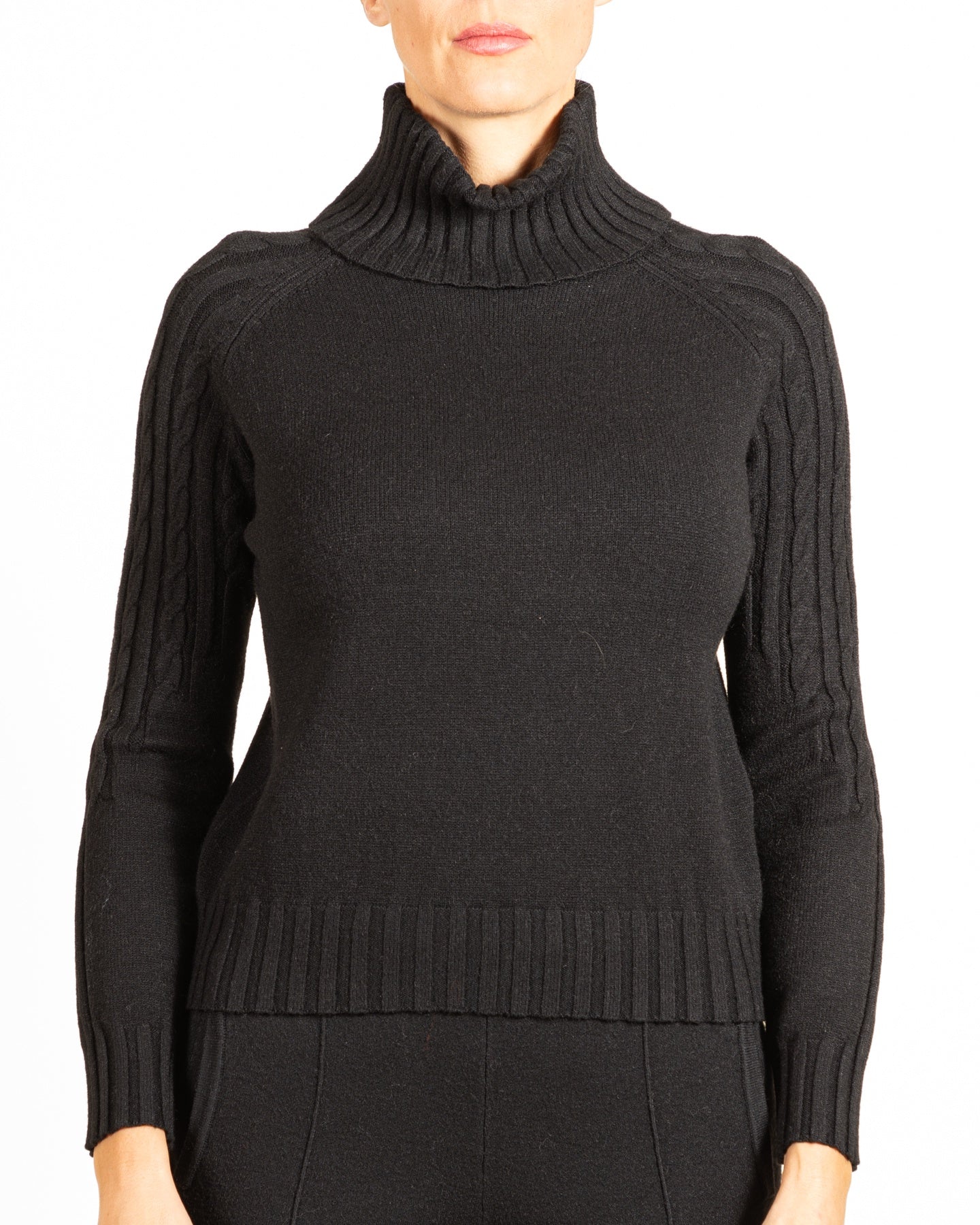 Black Cableknit Trim Cowl Neck Pullover