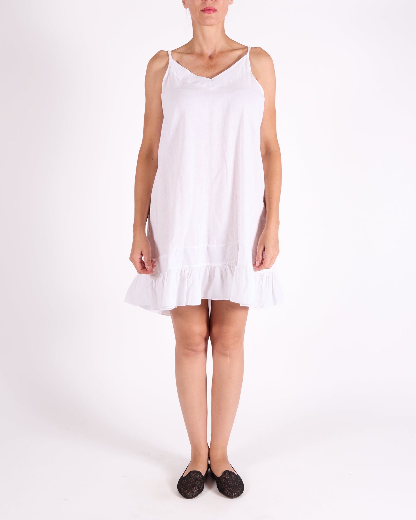 White Spaghetti Strap Ruffle Hem Band Neckline Dress