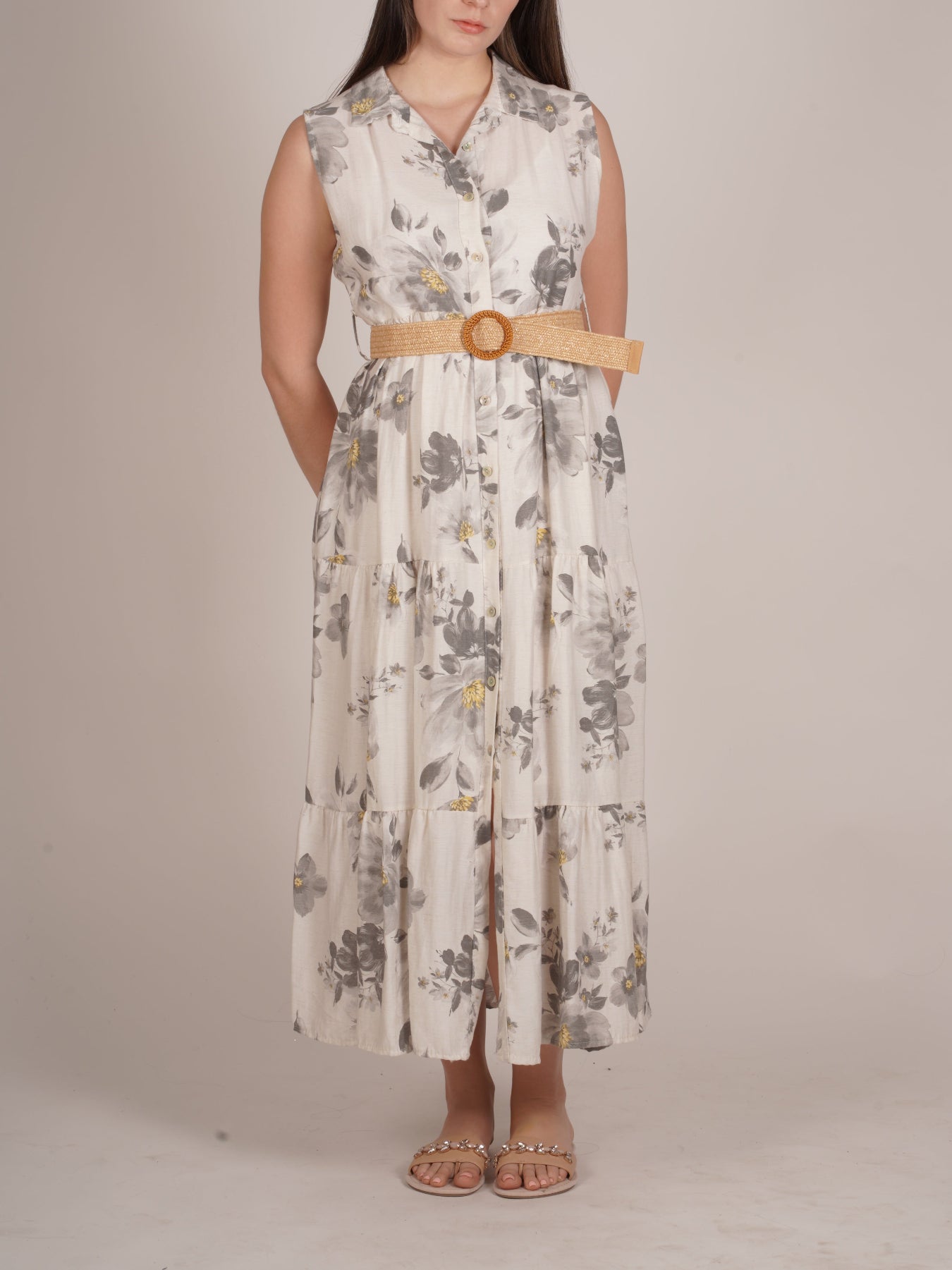 Robe sans manches boutonnée à imprimé floral pierre avec ceinture