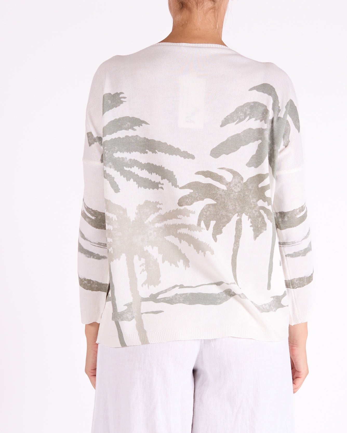 Khaki Drop Shoulder V Neck Palm Tree Studded Pullover