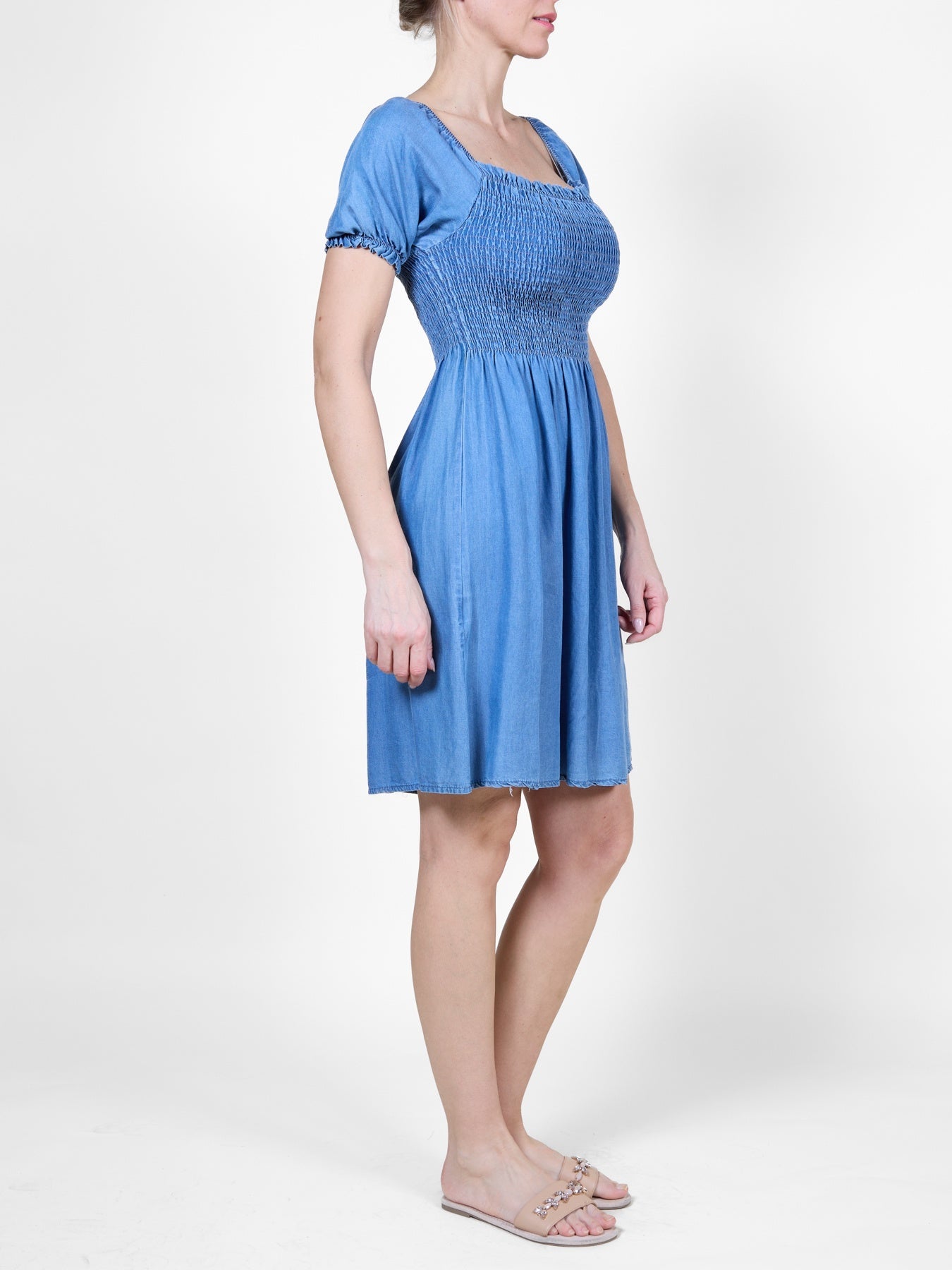 Dark Denim Dress with Stretch Bust and Poof Sleeves