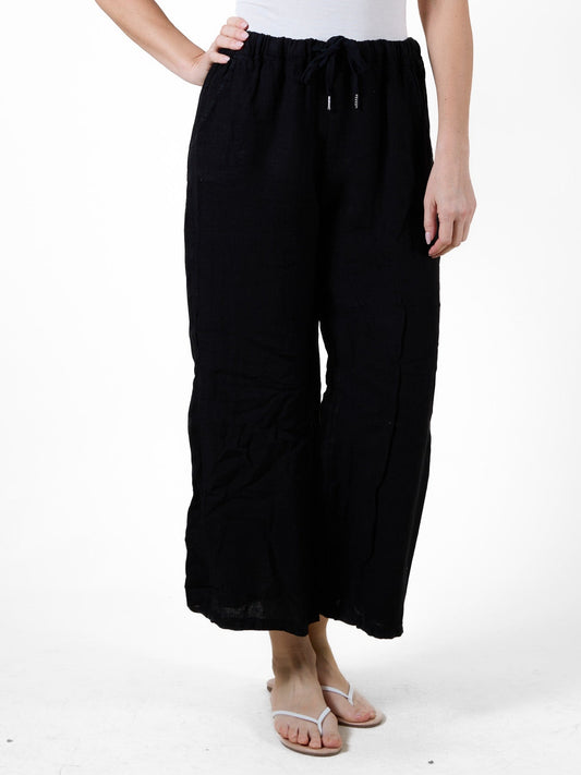 Black Linen-Style Beach Pants with Drawstring Waist
