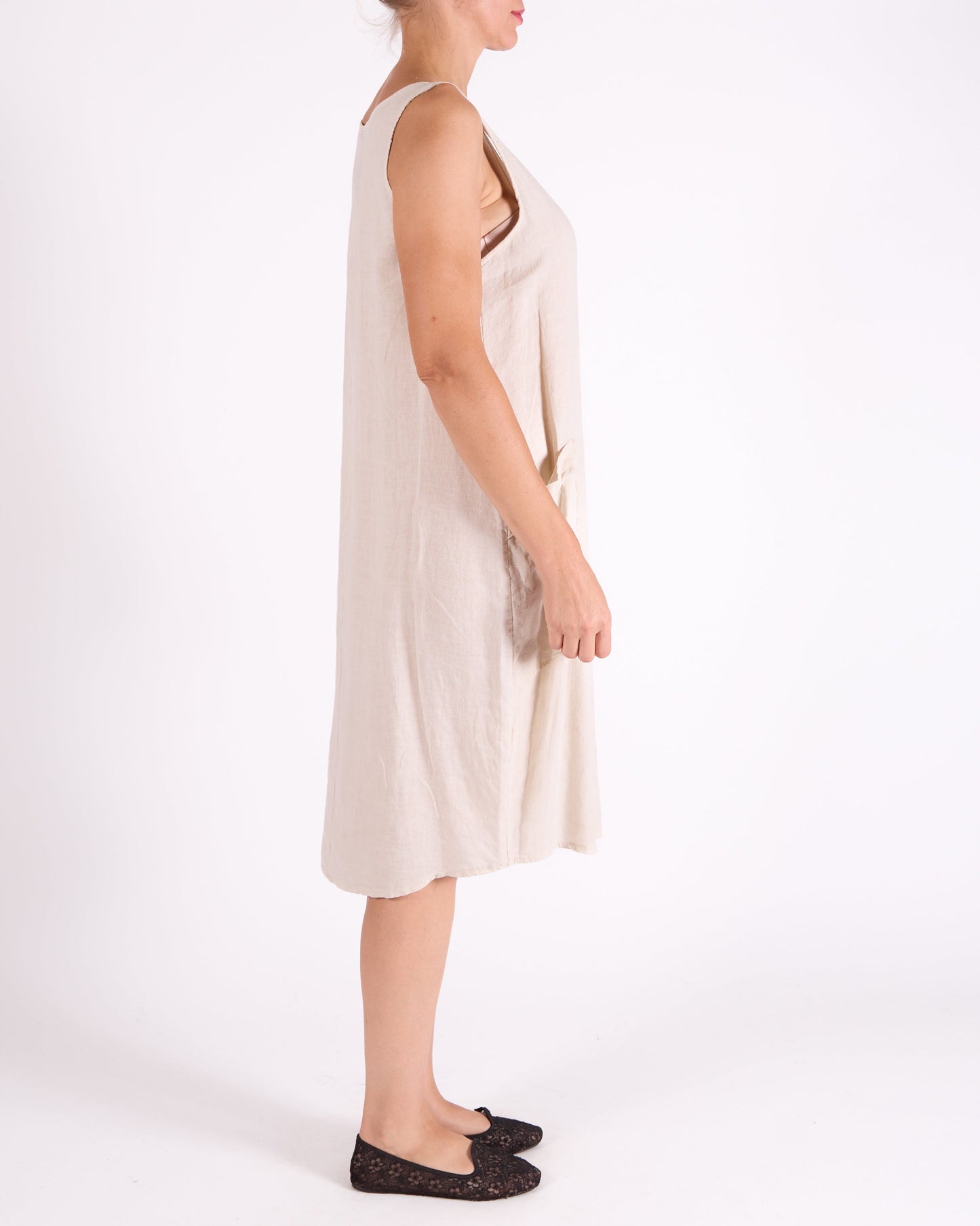 Sand Placket Front Sleeveless 2 Pocket Raw Edge Dress