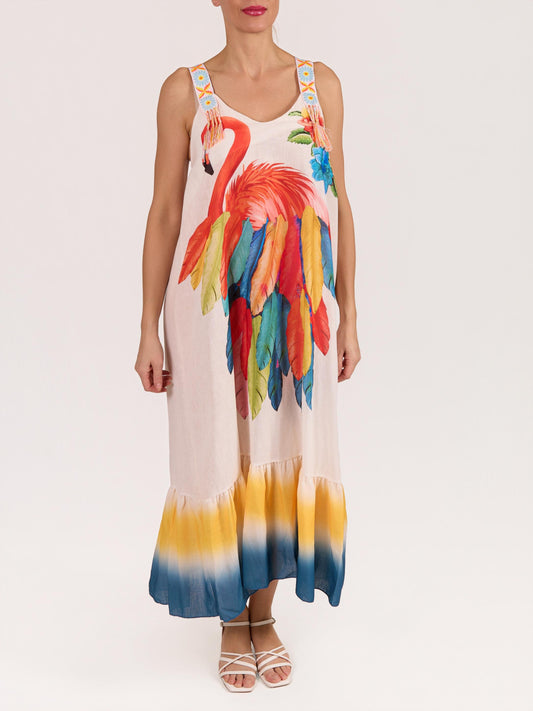 Robe maxi paysanne blanche sans manches à bretelles ruban imprimé flamant
