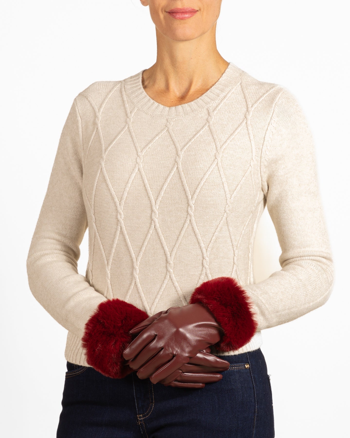 Oatmeal Diamond Cableknit Crew Neck Pullover