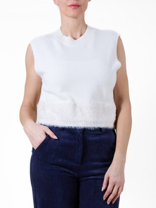 Ivory Crew Neck bottom hem Faux Fur Vest