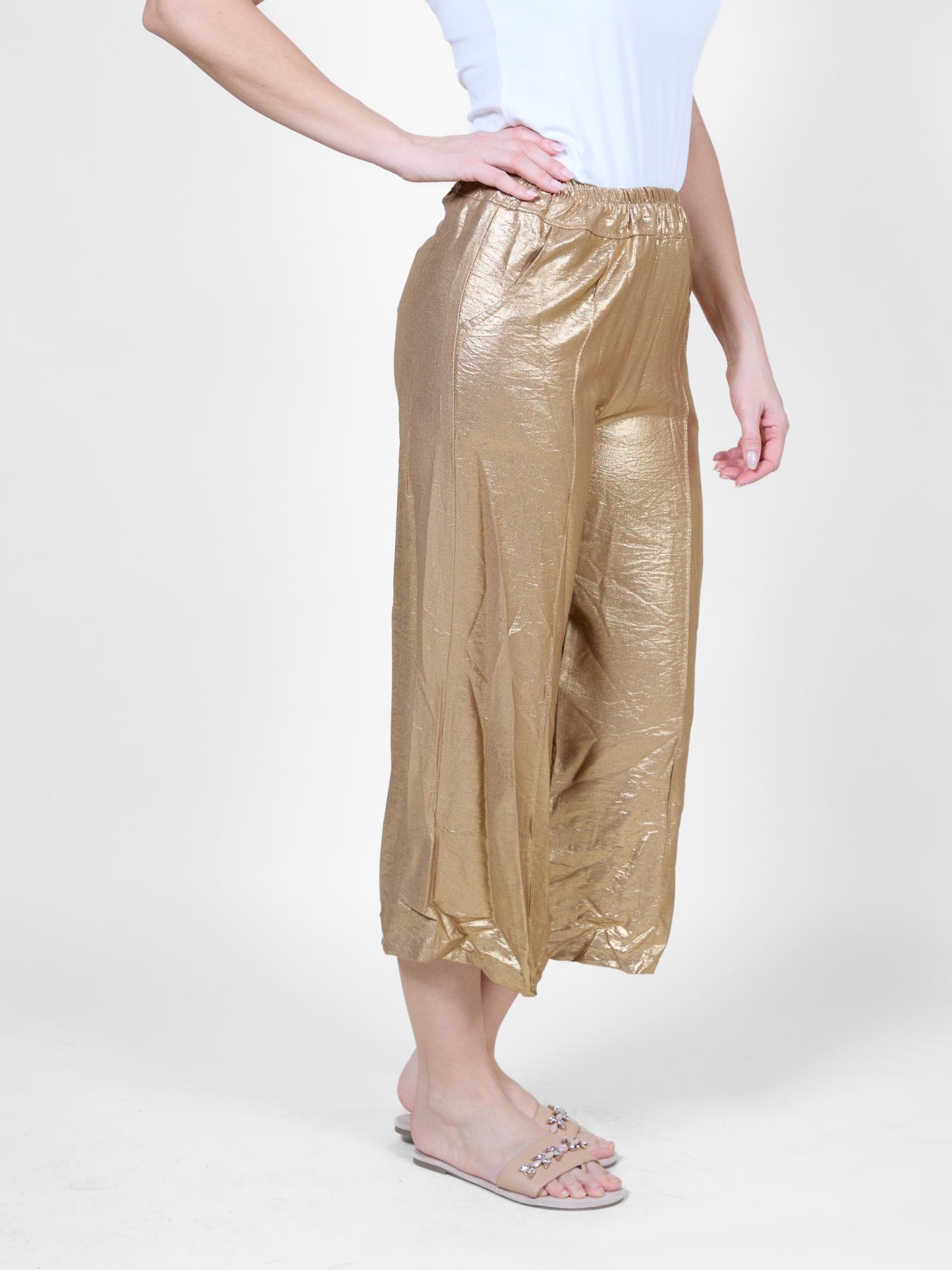 Beige Cropped Pull-On Flowing Pants