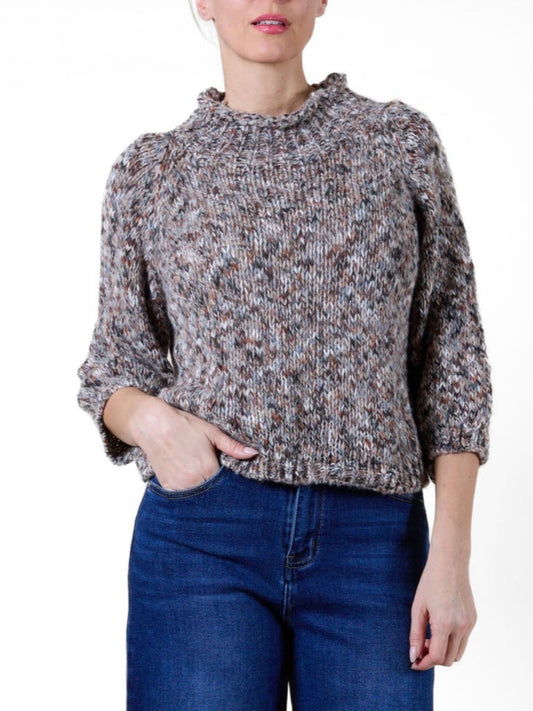 Pull en maille chinée à col montant taupe