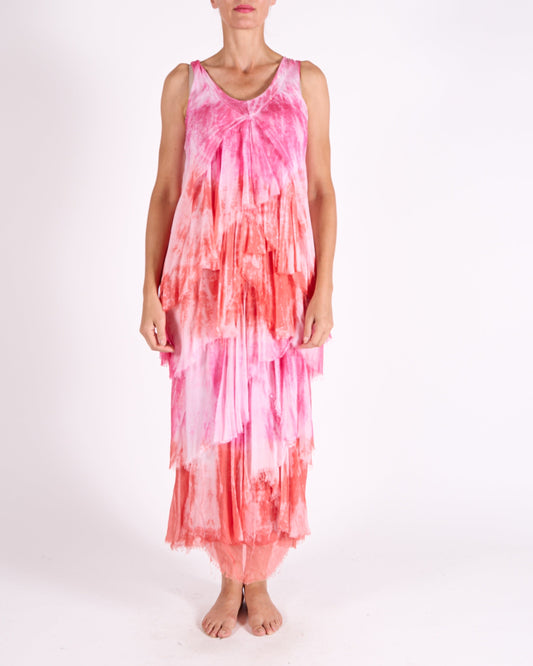 Cherry Sleeveless Raw Edge Multi Layer Tye Dye Sleeveless Dress