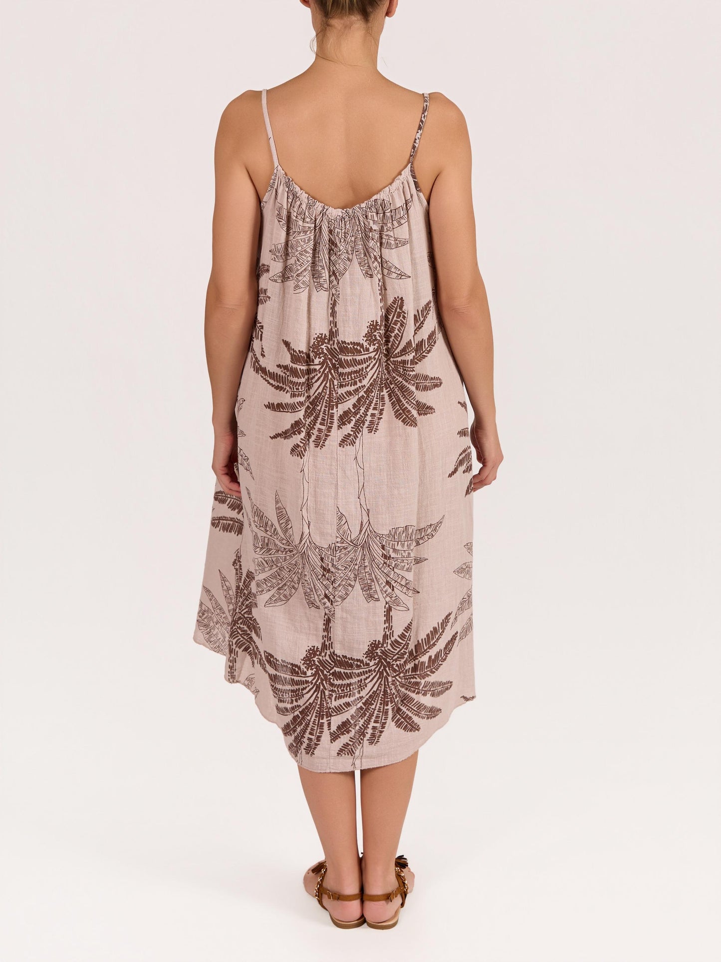 Robe Beige en Gaze à Bretelles Fines avec Imprimé Floral Palmier