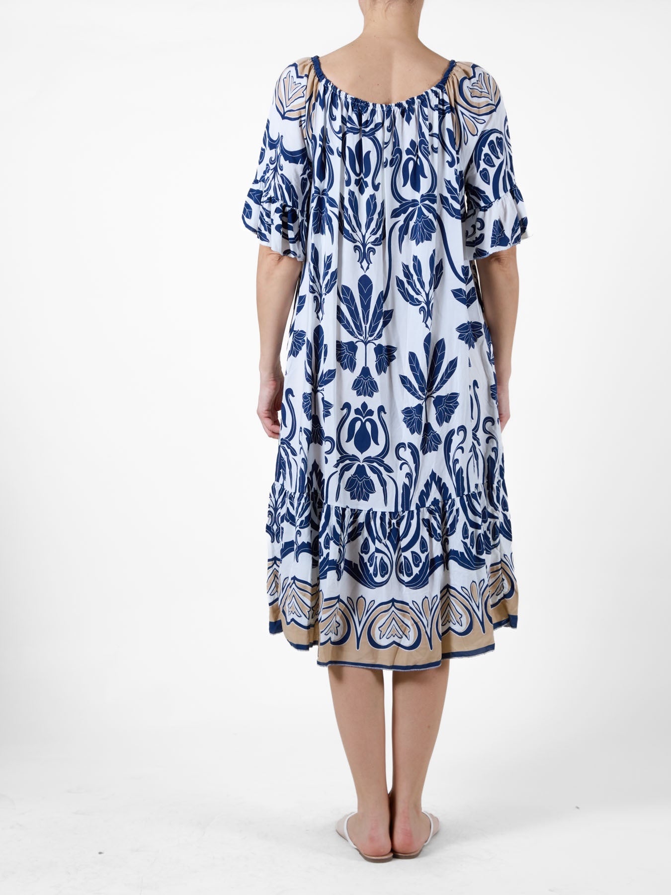 Midnight Mid-Length Dress with Ruffled Bottom and Sleeves, Tropical Print