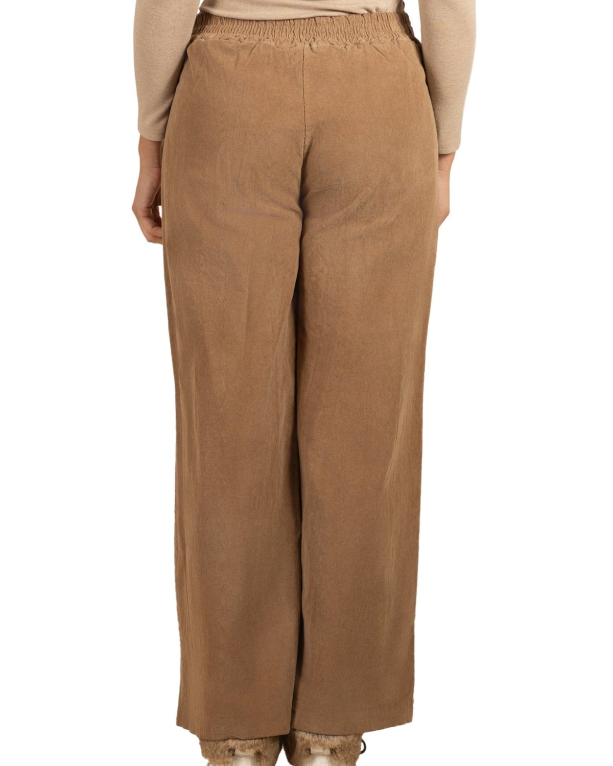 Pantalon camel à jambes larges et mini côtelé
