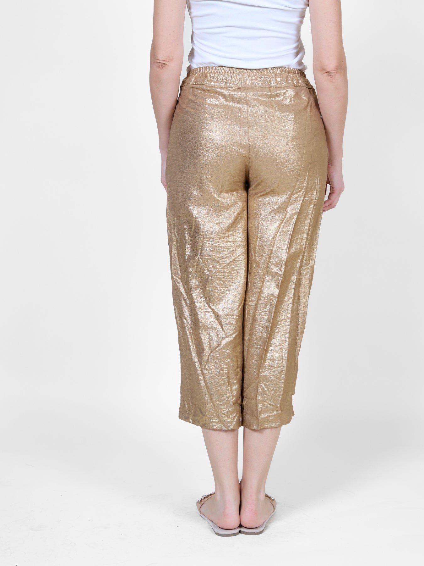 Beige Cropped Pull-On Flowing Pants