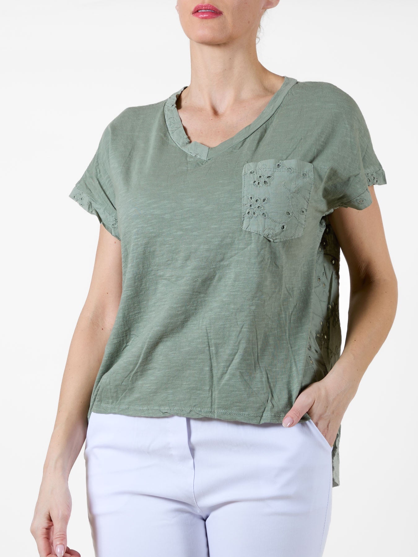 Palm T-Shirt with Floral Embroidered Pocket and Eyelet Back Panel