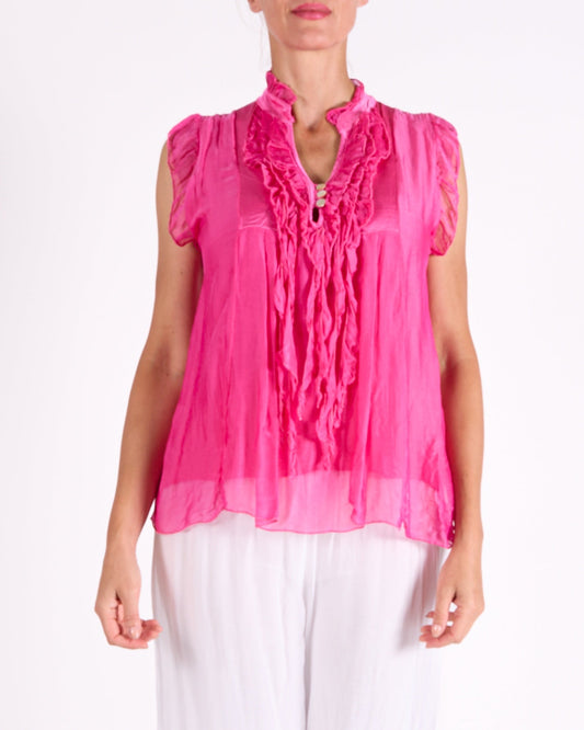 Cherry Button Front Ruffle Arm and Front Trim V Neck Blouse