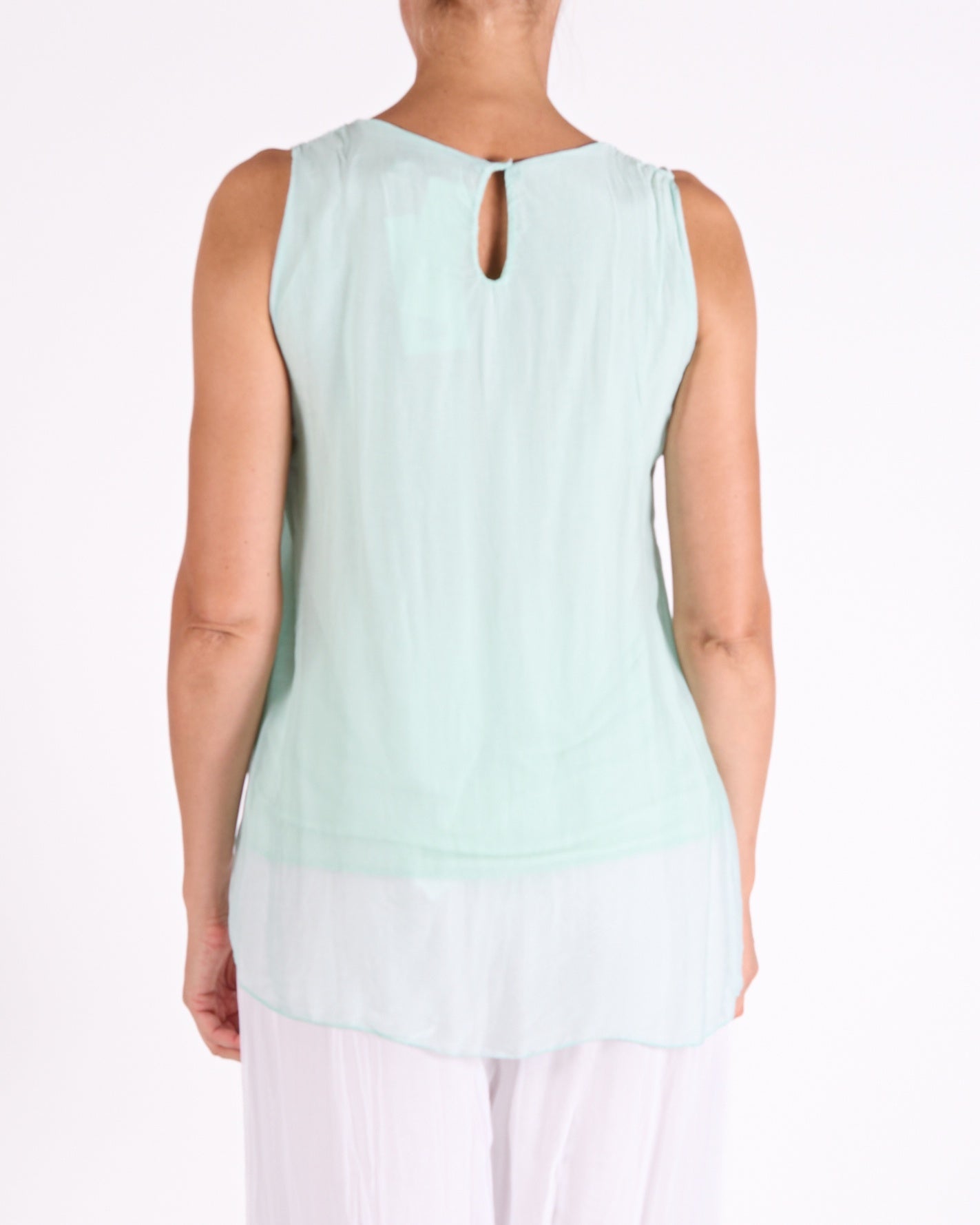 Seafoam Ruffle Front Trim Sleeveless Blouse