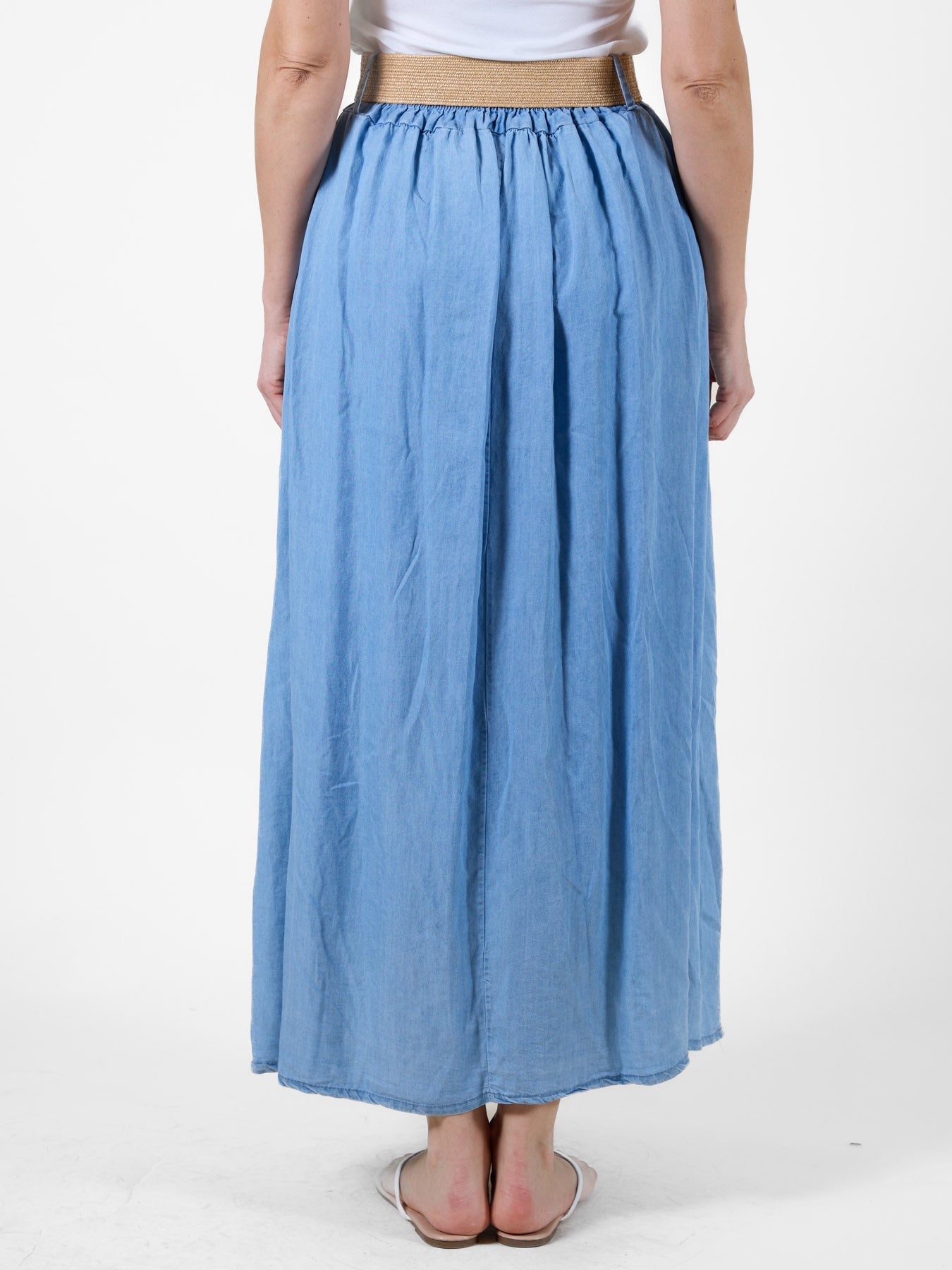 Lite Denim Maxi Skirt with Pockets and Tan Belt