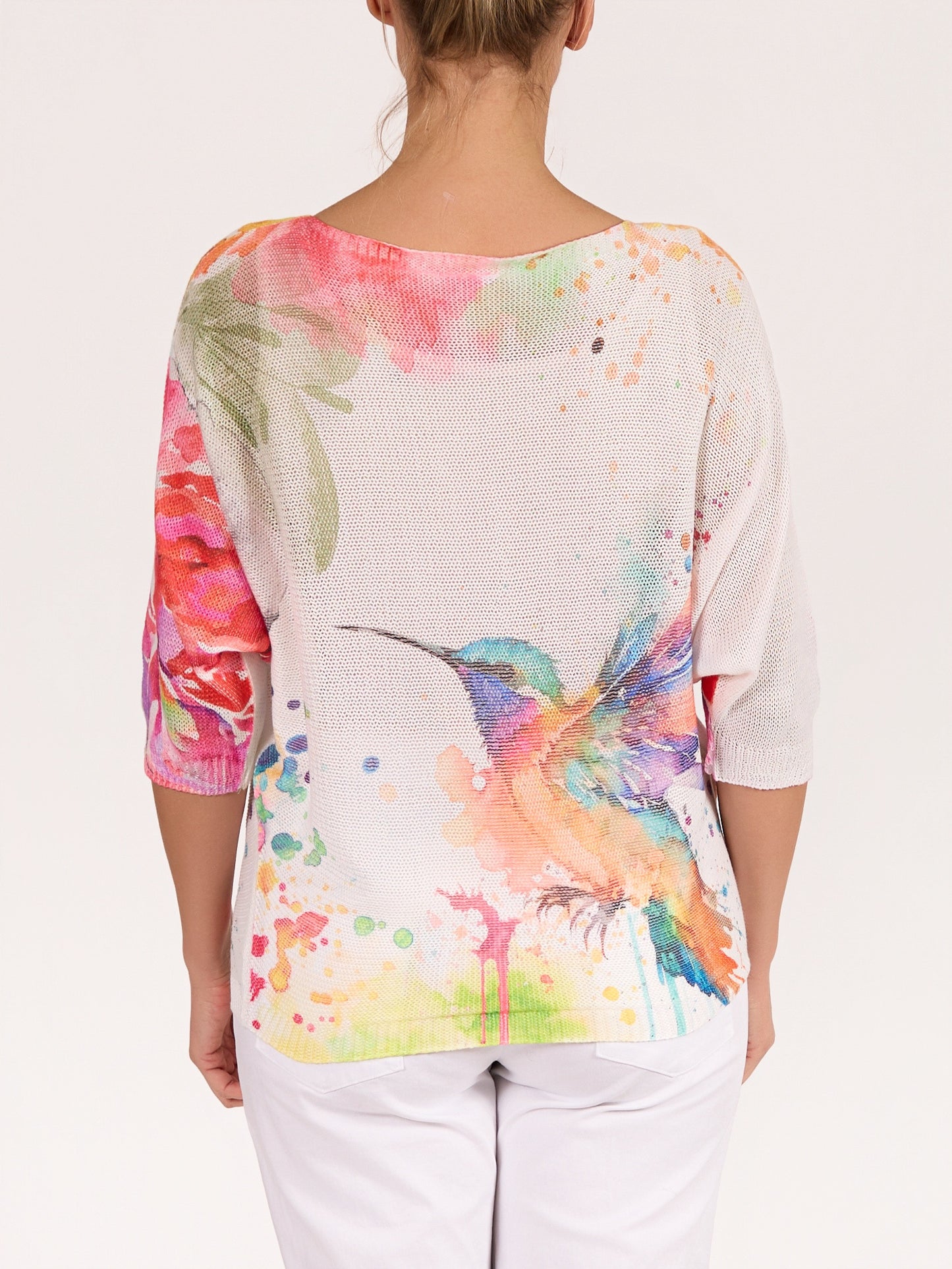 Pullover blanc à encolure bateau et manches au coude avec motif colibri