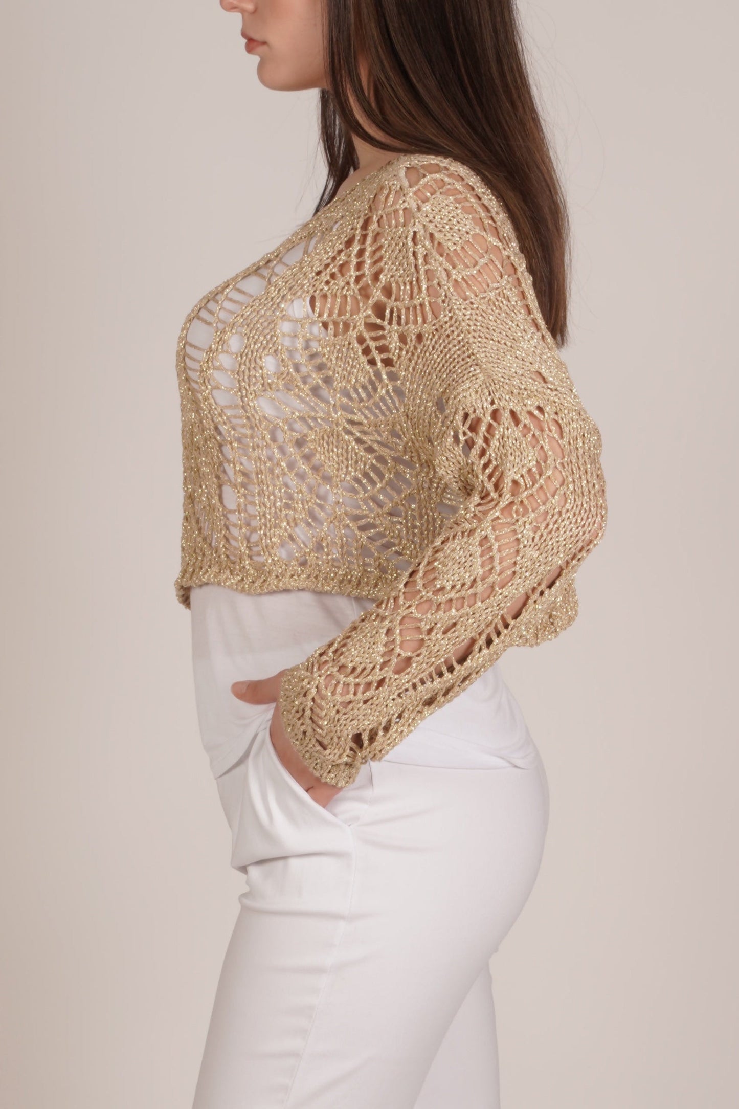 Pull à manches longues en maille ajourée dorée Lurex