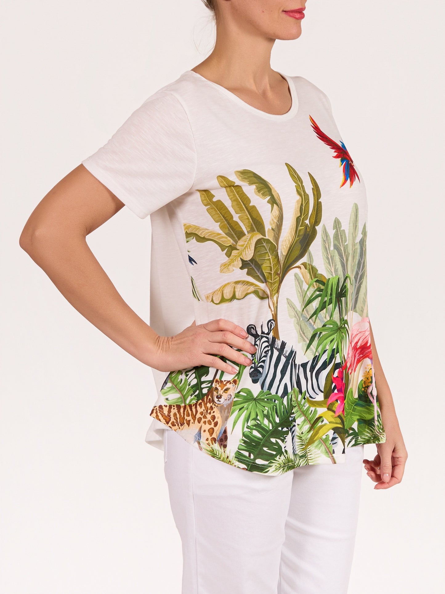 T-shirt blanc à encolure ronde et manches courtes avec motif flamant et zèbre