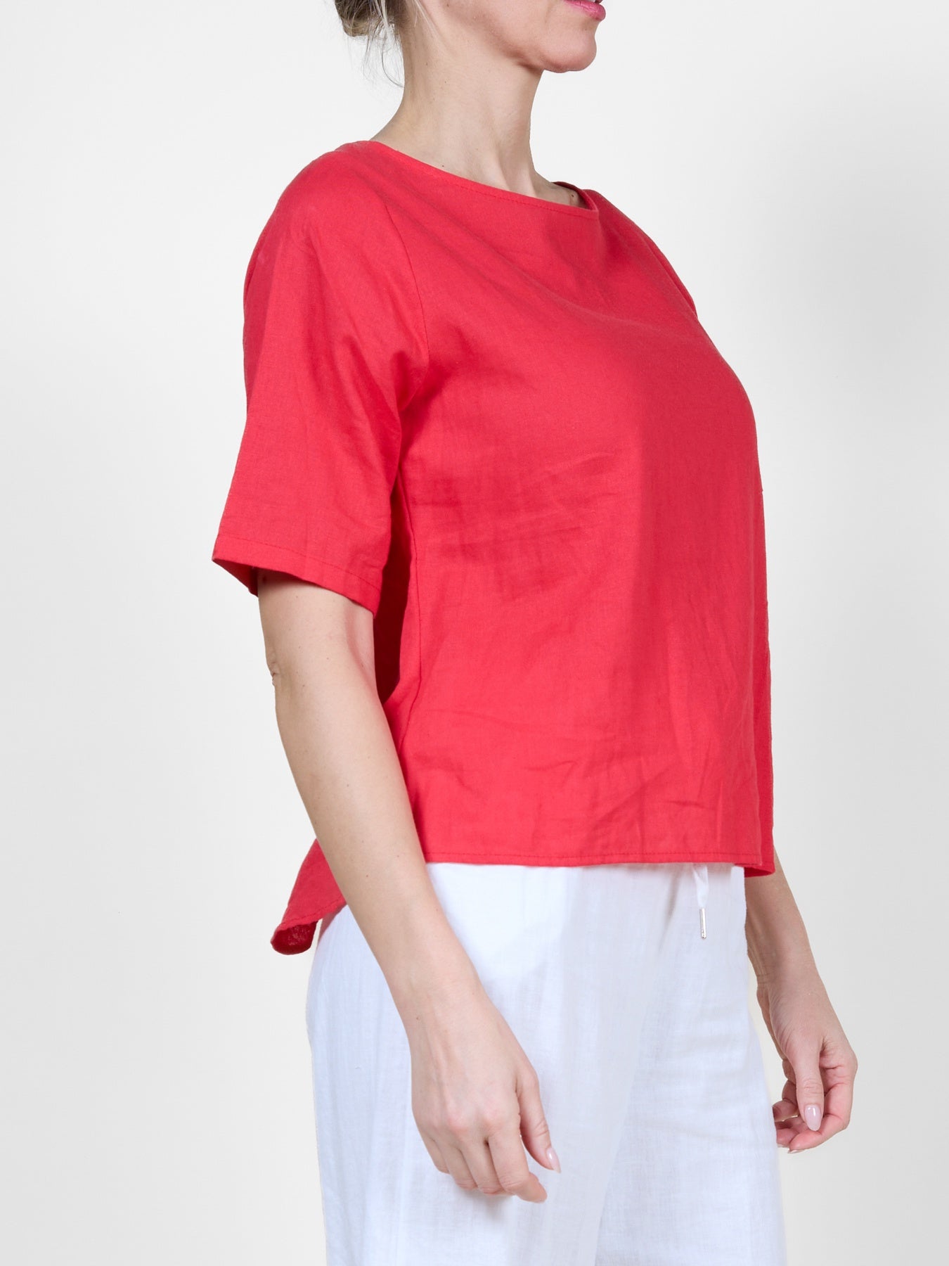 Red Cuffed Short-Sleeve Button-Back T-Shirt Blouse