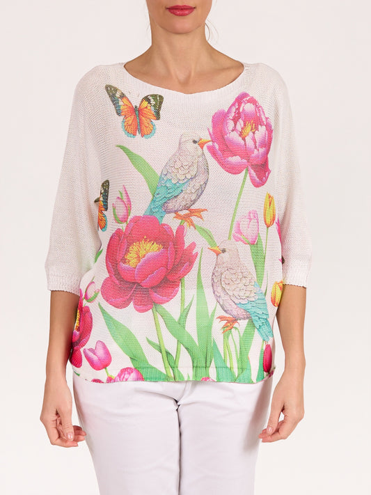 Pullover blanc à encolure bateau et manches au coude avec motif floral et oiseau