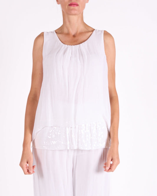 White 2 Layer Sequin Inner Slip Built up Shoulder Tank Top