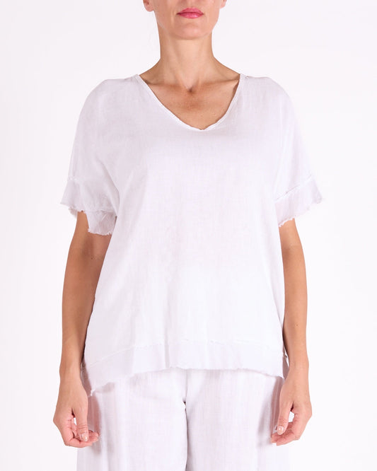 White Scoop Neck Raw Edge Hem Trim Top