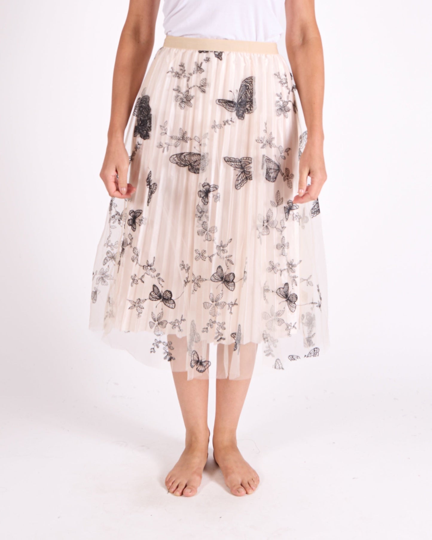 Ivory Pull on Allover Butterfly Embroidery Mesh Skirt