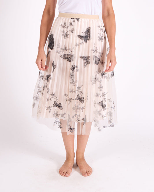 Ivory Pull on Allover Butterfly Embroidery Mesh Skirt