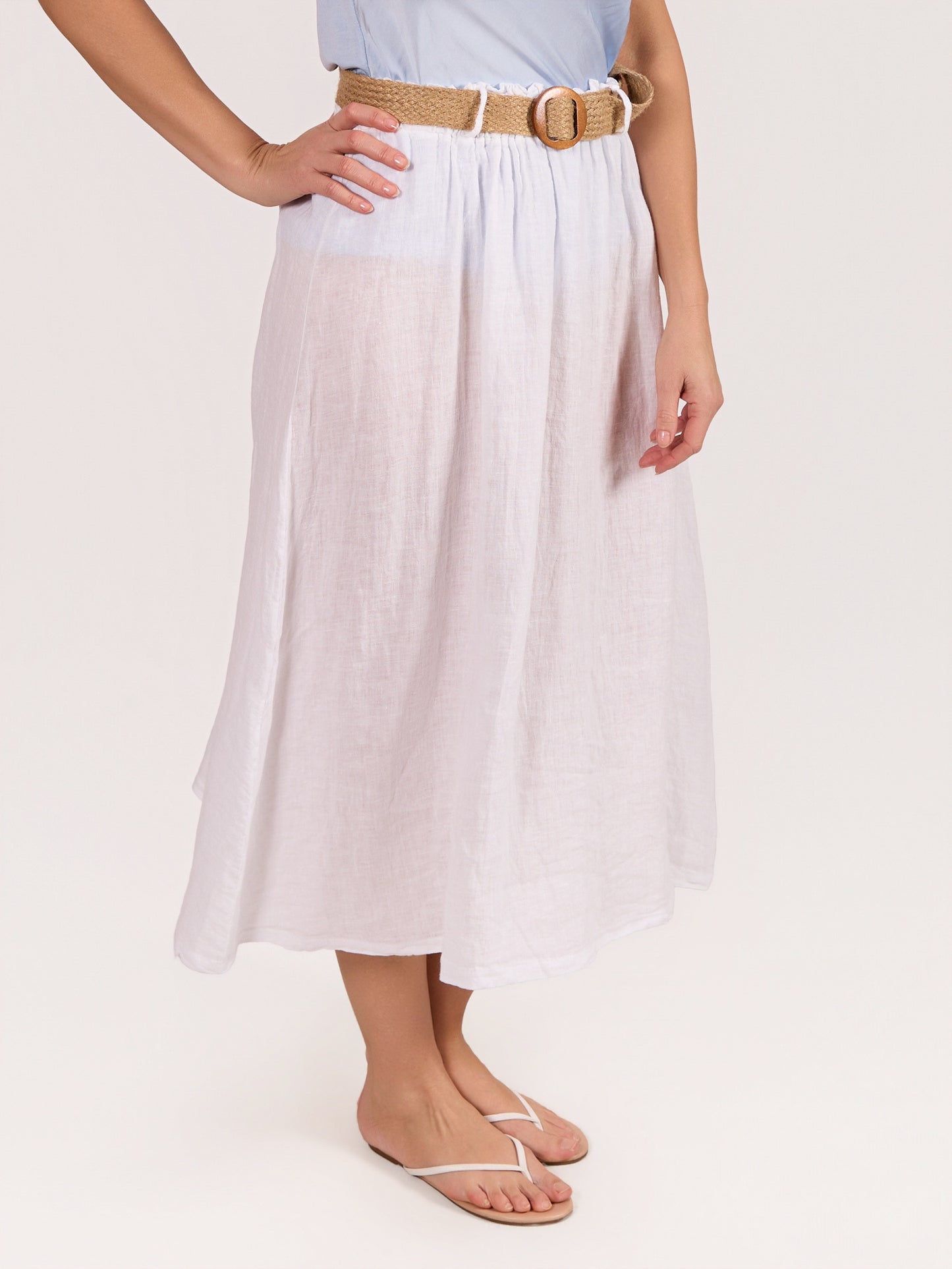 Jupe Évasée Blanche à Taille Élastique avec Ceinture