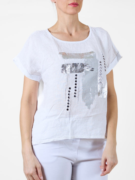 White T-Shirt with Metallic Silver Brushstroke & Dot Design