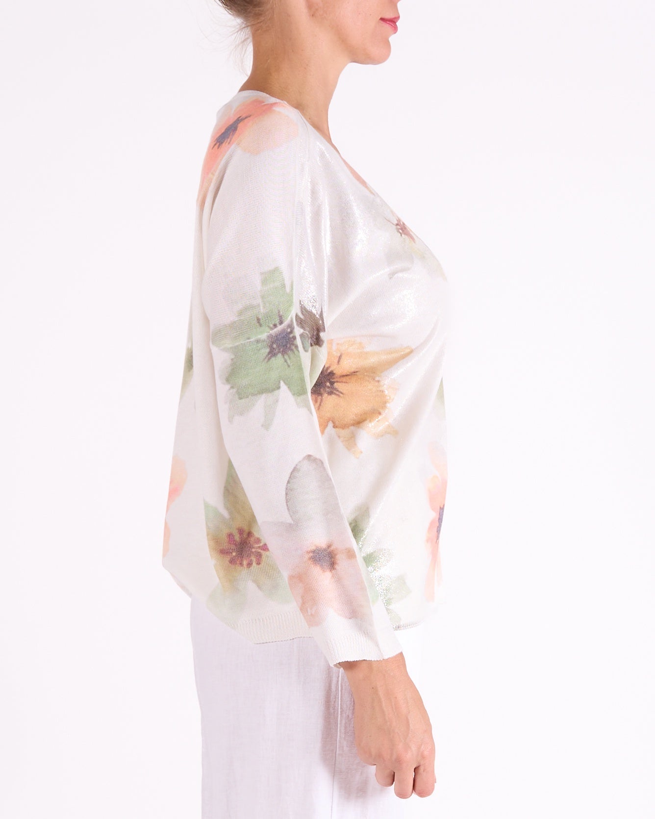 Peach V Neck Drop Shoulder Foil Floral Print Studed Pullover