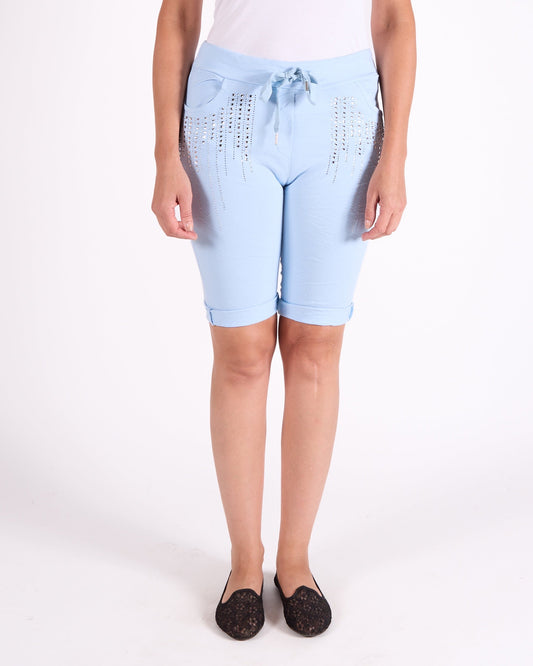 Blue Pull On Studded Rhinestone Pocket Detail Bermuda Shorts