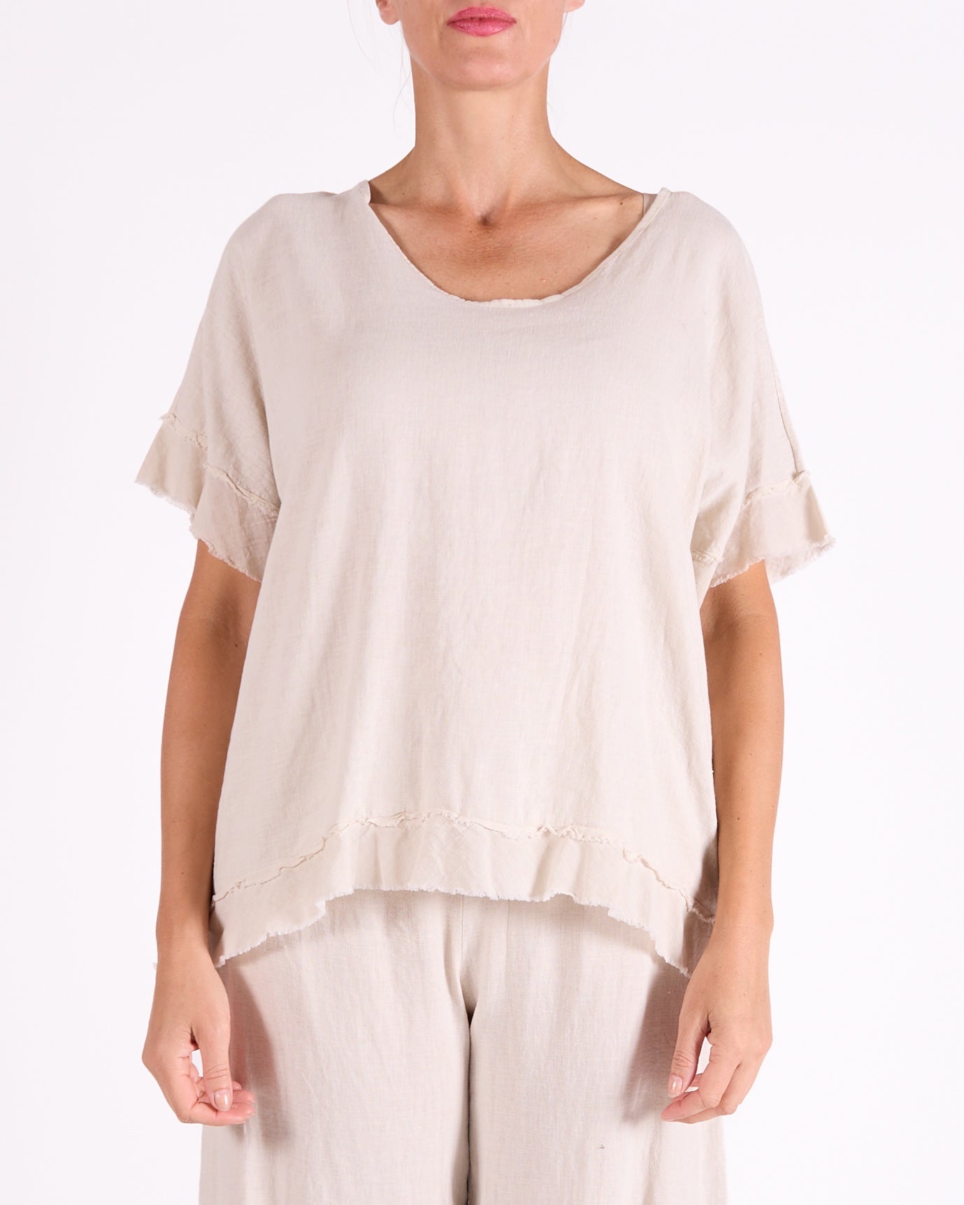 Sand Scoop Neck Raw Edge Hem Trim Top