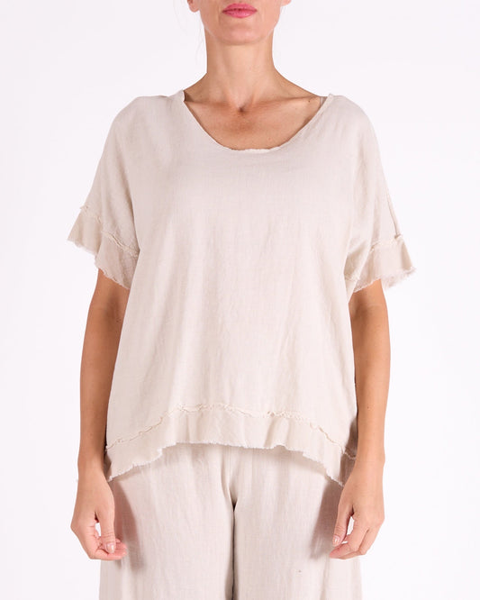 Sand Scoop Neck Raw Edge Hem Trim Top