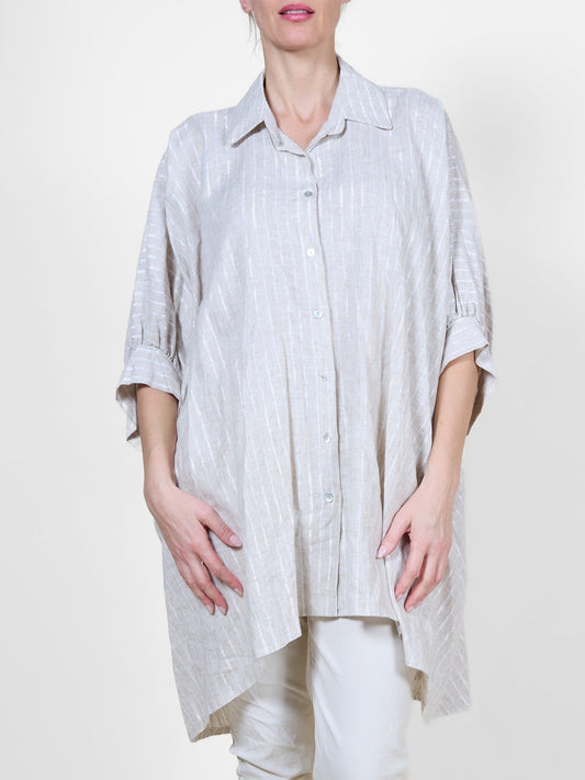 Chemisier oversize boutonné couleur avoine chinée à rayures métalliques
