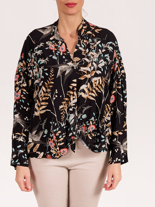 Blouse noire à boutons à l’avant à manches longues avec col mandarin et lien à nouer imprimé floral