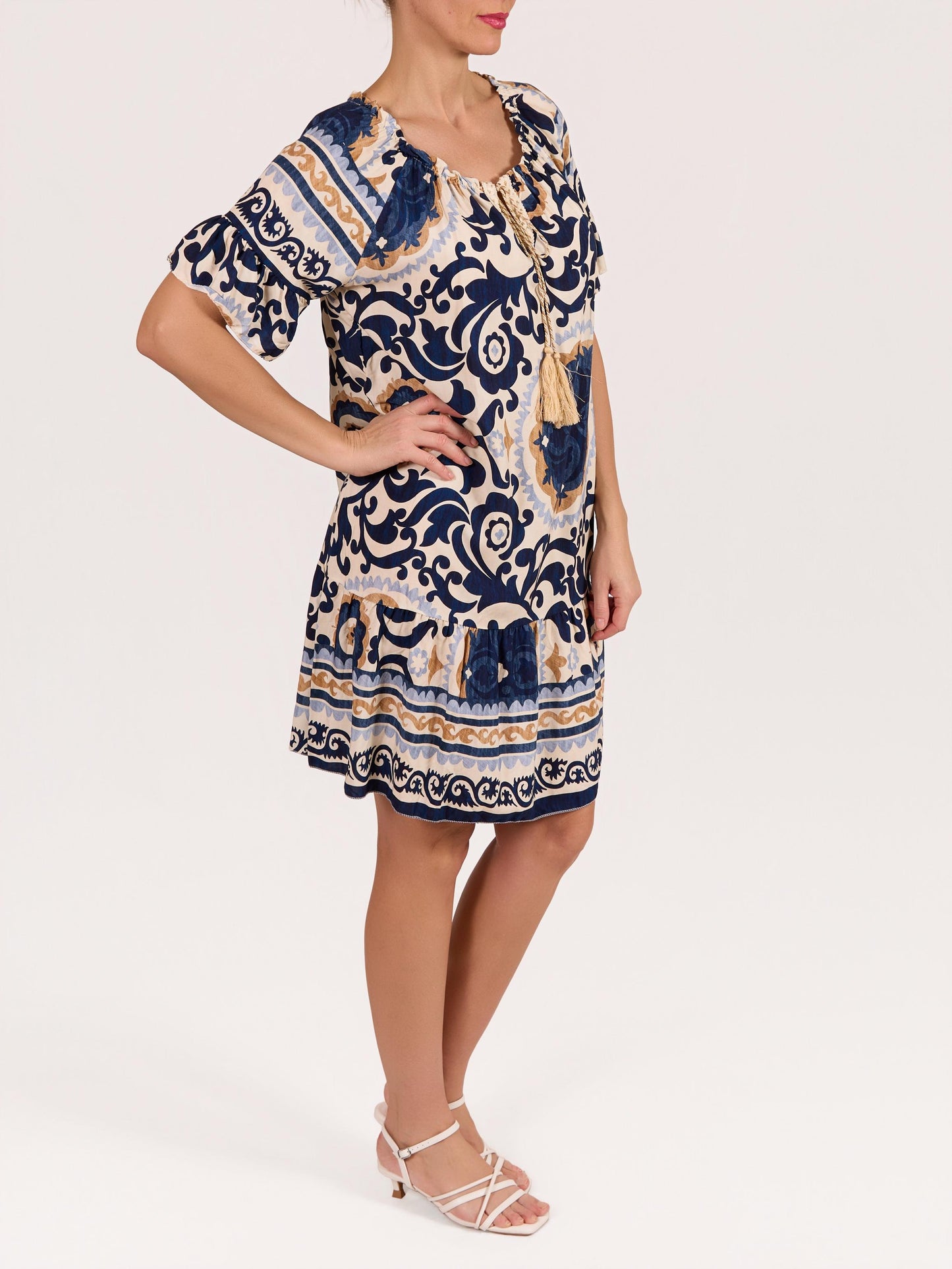 Robe paysanne minuit à encolure bateau à manches courtes avec lurex, pampilles et imprimé cachemire floral