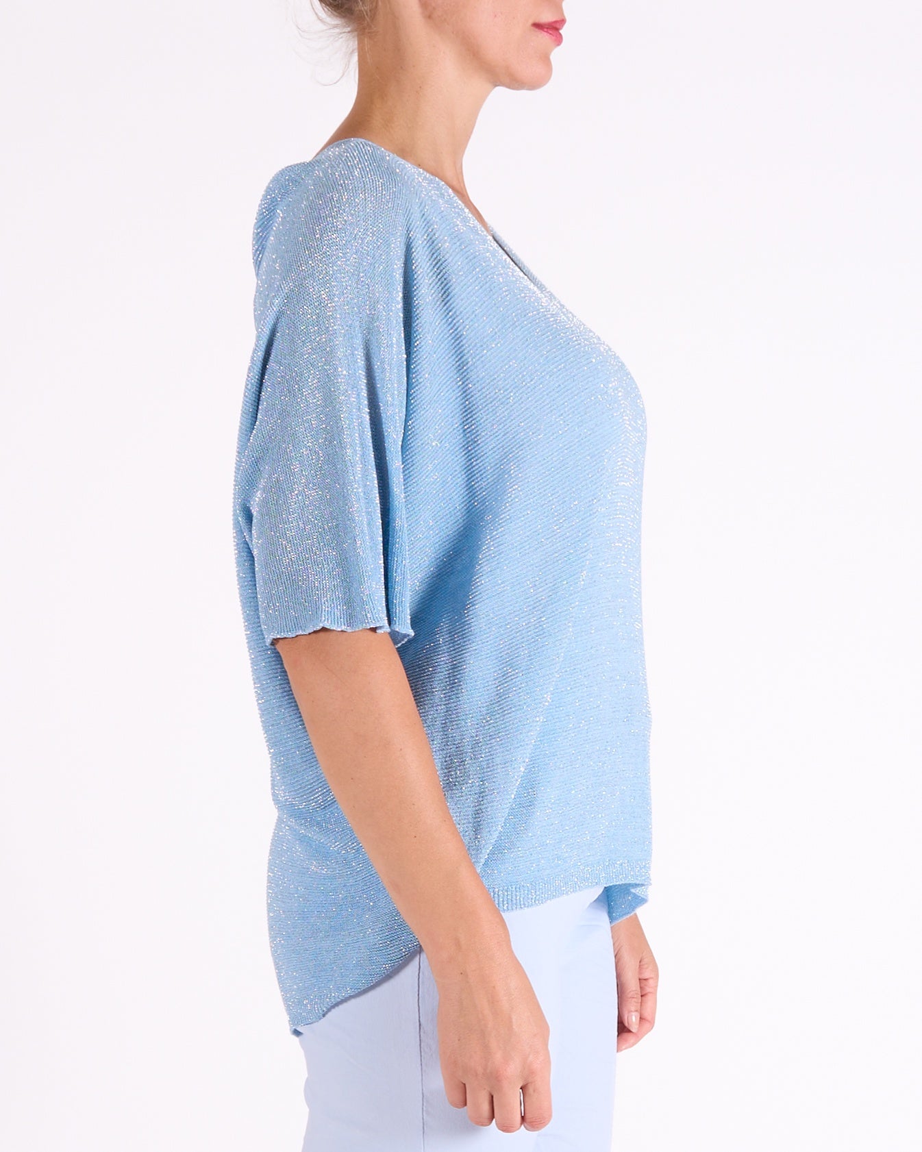 Sky Blue Deep V Neck Lurex Dolman Elbow Sleeve Top