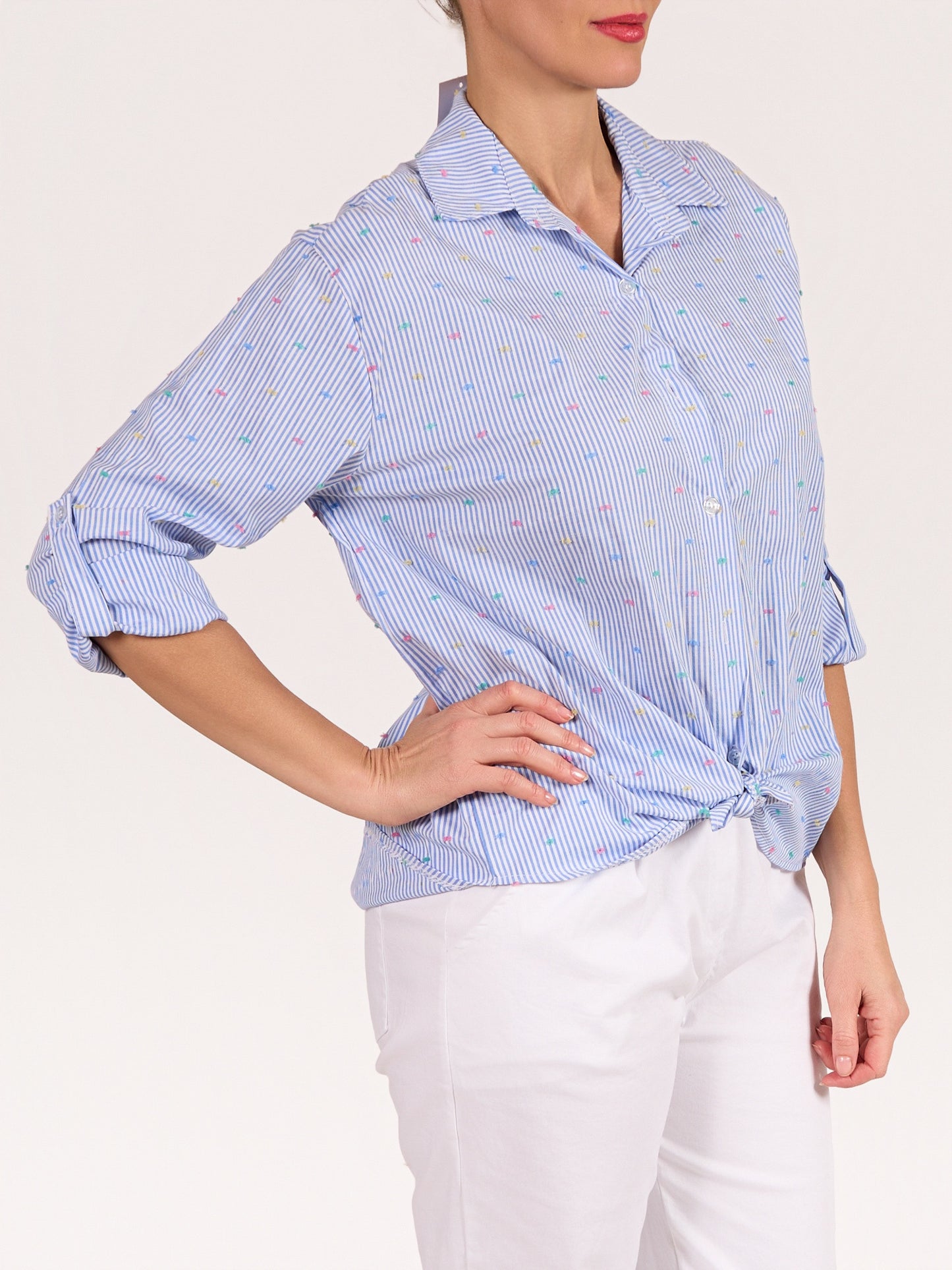 Chemise rayée multivoies à boutons devant et ourlet asymétrique bleu