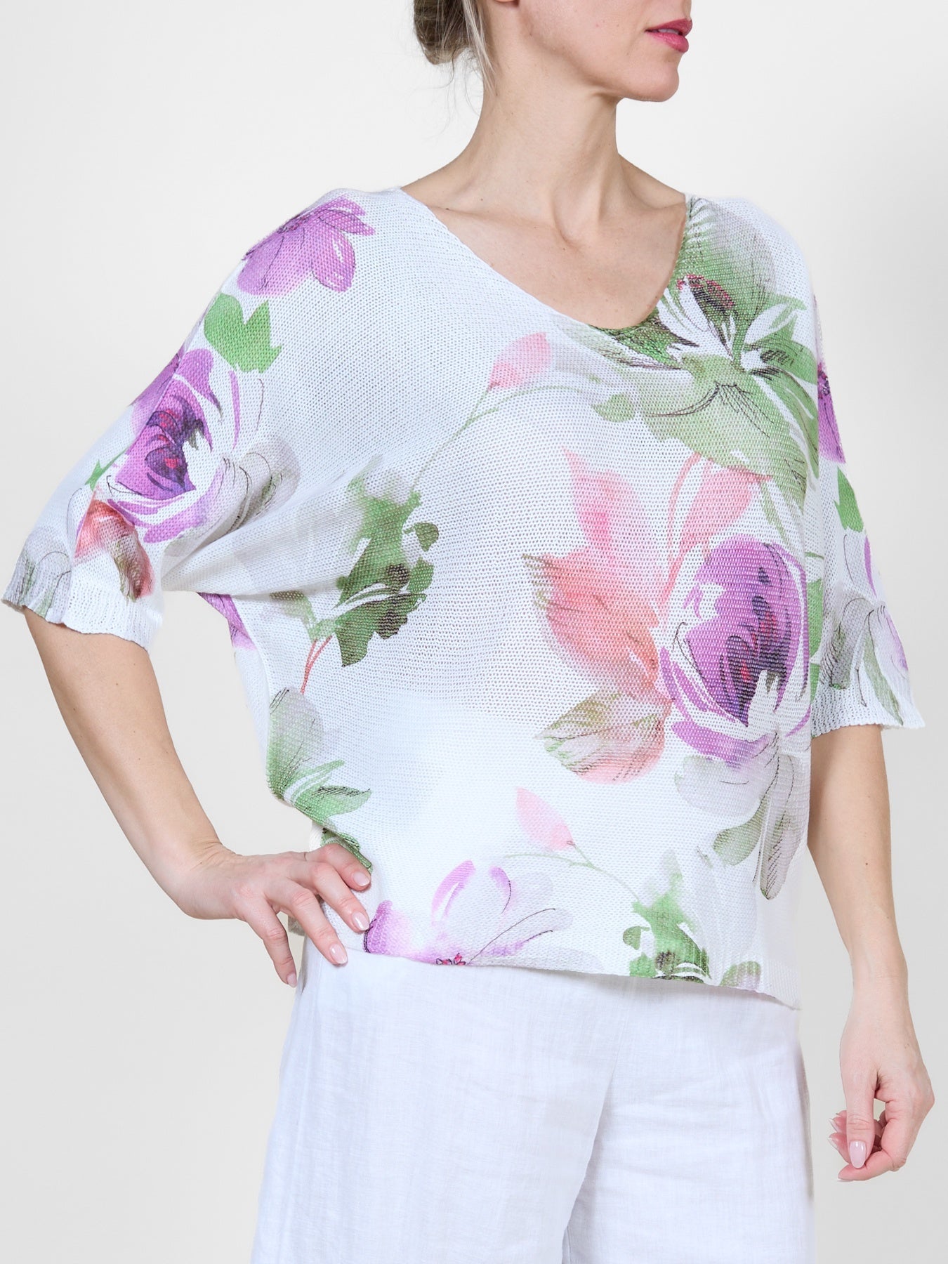 White Top with Purple Floral Print and Loose Sleeves