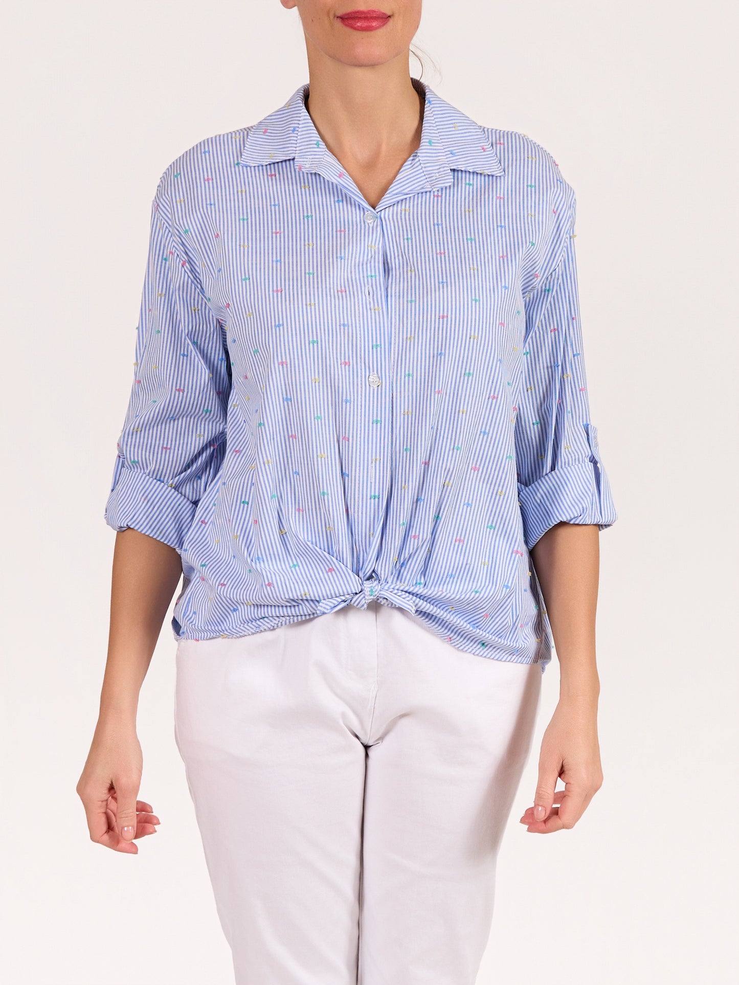 Chemise rayée multivoies à boutons devant et ourlet asymétrique bleu
