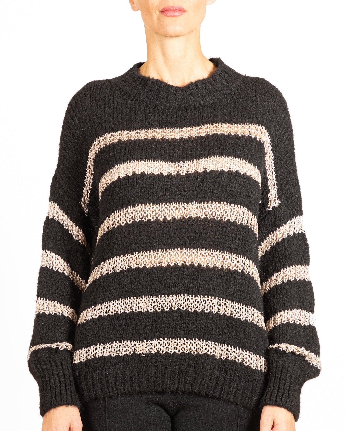 Pull noir à épaules tombantes en lurex à rayures crochetées